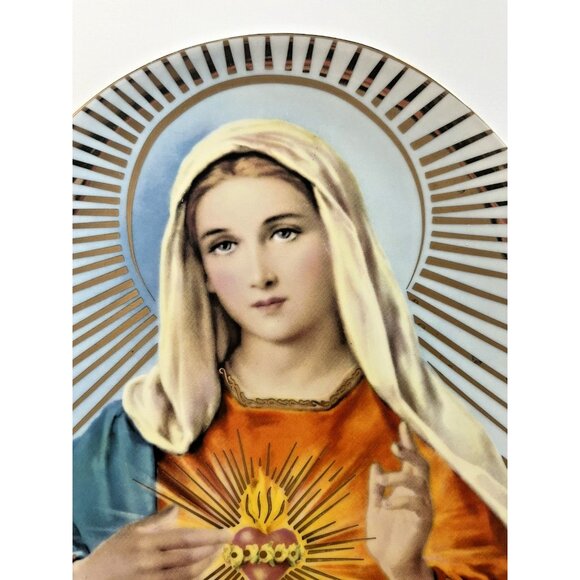 Sacred Heart of Mary Oval Decorative Plate Gold Trim Tray 6.5" x 8.5" Vintage - Picture 2 of 7
